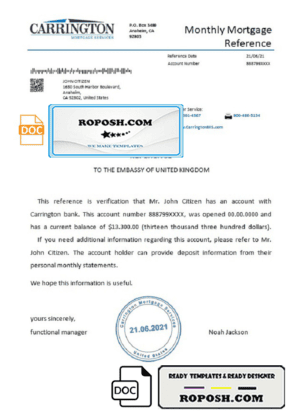 USA Carrington bank account reference letter template in Word and PDF format