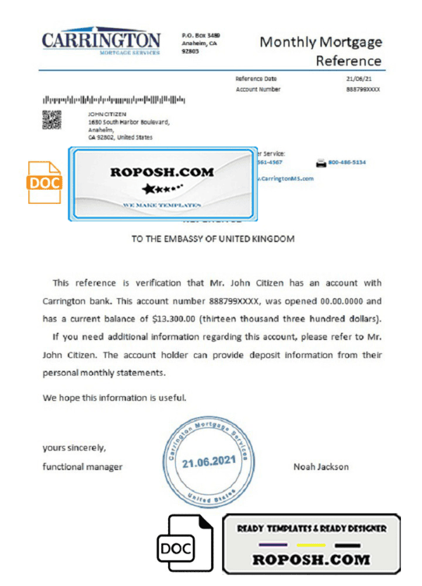 USA Carrington bank account reference letter template in Word and PDF format