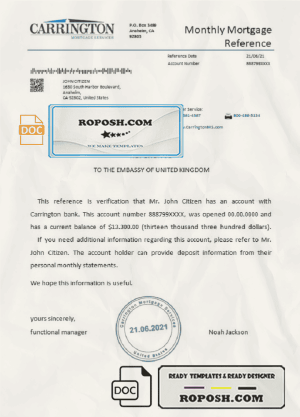 USA Carrington bank account reference letter template in Word and PDF format