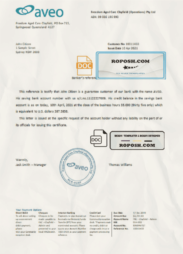 Australia Aveo bank account reference letter template in Word and PDF format