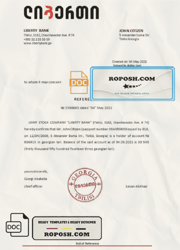 Georgia Liberty bank account reference letter template in Word and PDF format