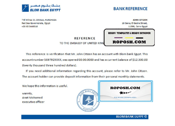 Egypt Blom Bank of Egypt bank account reference template in Word and PDF format (.doc and .pdf)
