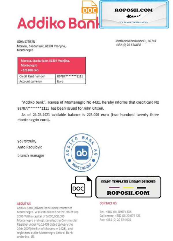 Montenegro Addiko Bank bank reference letter template in Word and PDF format