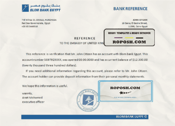 Egypt Blom Bank of Egypt bank account reference template in Word and PDF format (.doc and .pdf)