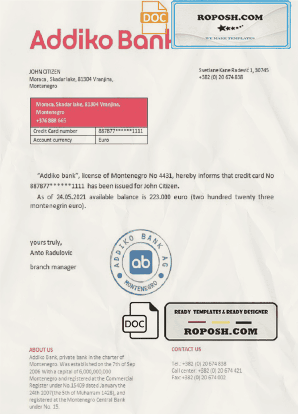 Montenegro Addiko Bank bank reference letter template in Word and PDF format