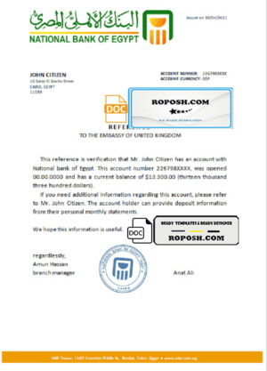 Egypt National Bank of Egypt bank account reference template in Word and PDF format (.doc and .pdf)