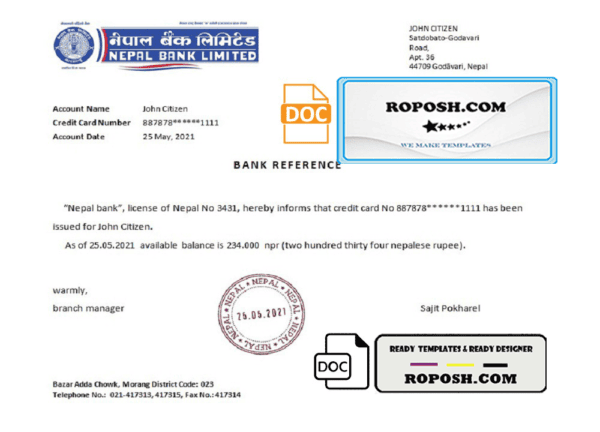 Nepal Nepal Bank bank reference letter template in Word and PDF format