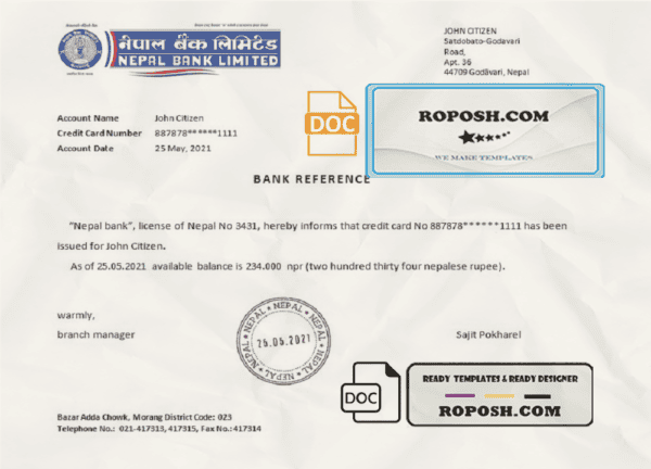Nepal Nepal Bank bank reference letter template in Word and PDF format