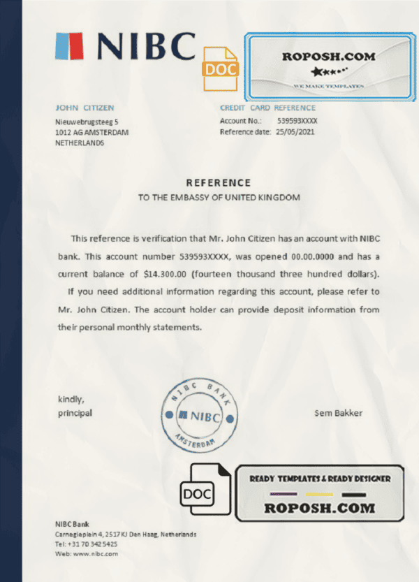 Netherlands NIBC Bank bank certificate template in Word and PDF format