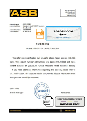 New Zealand ASB bank account reference letter template in Word and PDF format