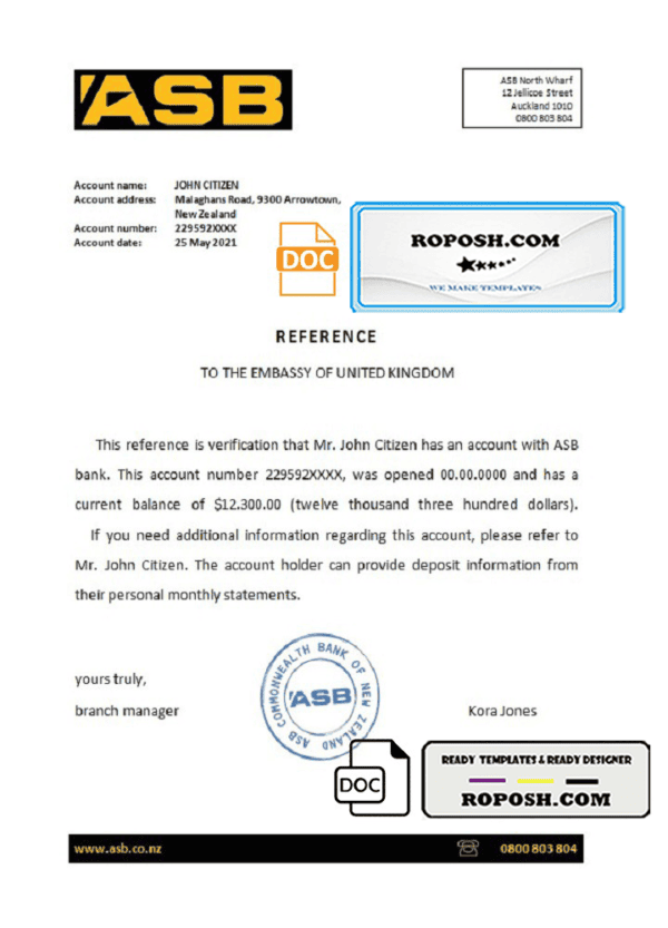 New Zealand ASB bank account reference letter template in Word and PDF format