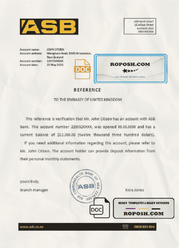 New Zealand ASB bank account reference letter template in Word and PDF format