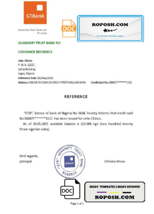 Nigeria GTBank bank account reference letter template in Word and PDF format
