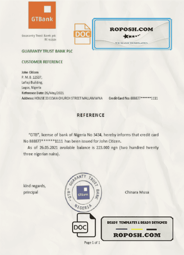 Nigeria GTBank bank account reference letter template in Word and PDF format