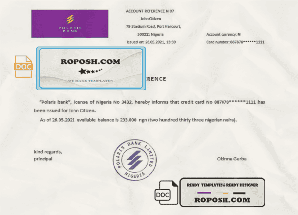 Nigeria Polaris Bank bank account reference letter template in Word and PDF format