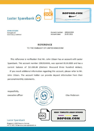 Norway Luster Sparebank bank account reference letter template in Word and PDF format