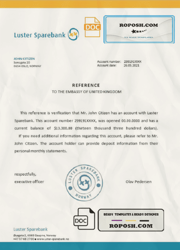 Norway Luster Sparebank bank account reference letter template in Word and PDF format