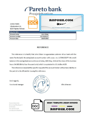 Norway Pareto Bank bank account reference letter template in Word and PDF format