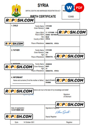 Syria birth certificate Word and PDF template, completely editable