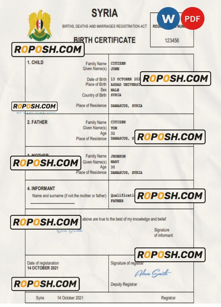 Syria birth certificate Word and PDF template, completely editable scan effect