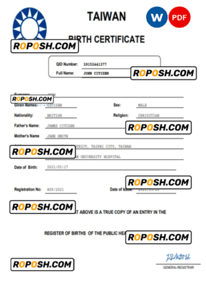 Taiwan vital record birth certificate Word and PDF template, completely editable