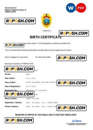 Timor-Leste birth certificate Word and PDF template, completely editable