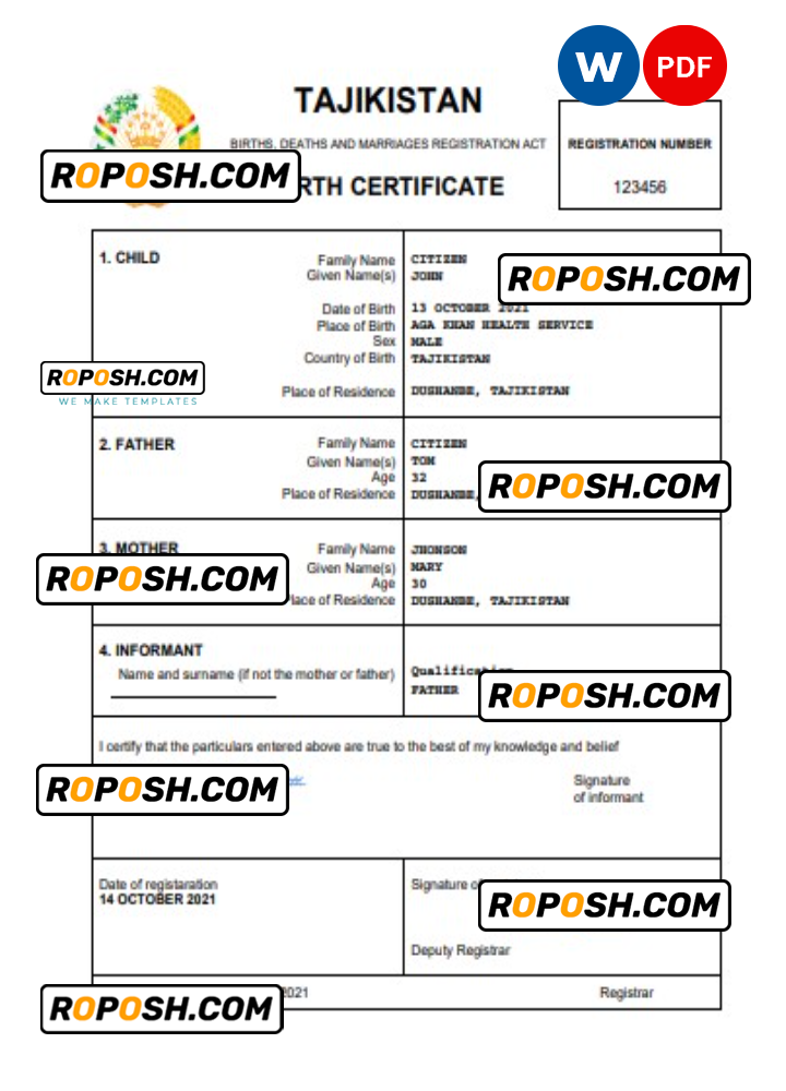 Tajikistan vital record birth certificate Word and PDF template, completely editable