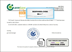 Ukraine OTP bank account balance reference letter template in Word and PDF format