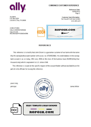 USA Ally bank account reference letter template in Word and PDF format