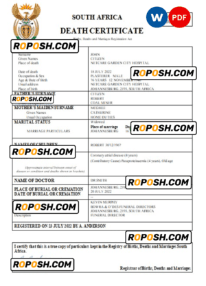 South Africa death certificate Word and PDF template, completely editable
