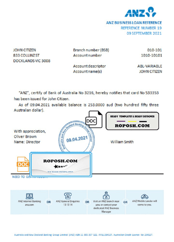 Australia ANZ bank account reference letter template in Word and PDF format