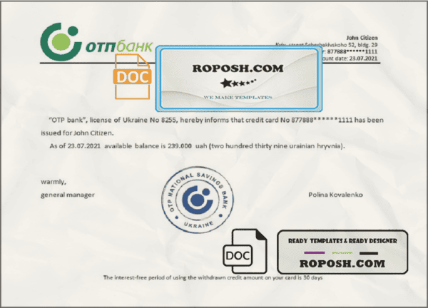 Ukraine OTP bank account balance reference letter template in Word and PDF format