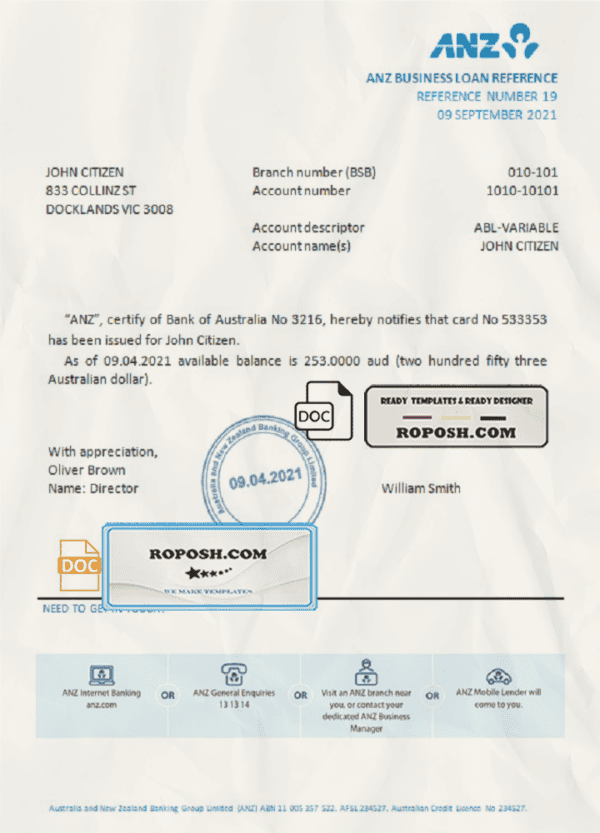 Australia ANZ bank account reference letter template in Word and PDF format