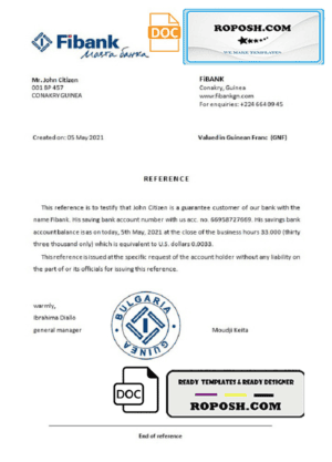 Guinea Fibank bank account reference letter template in Word and PDF format