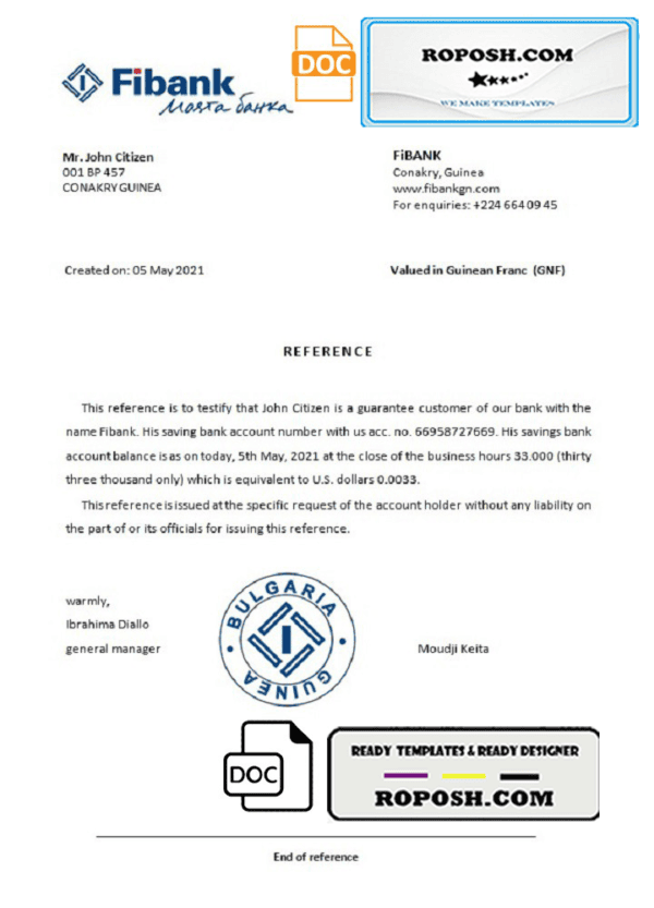 Guinea Fibank bank account reference letter template in Word and PDF format