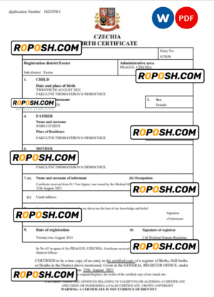 Czechia vital record birth certificate Word and PDF template, completely editable