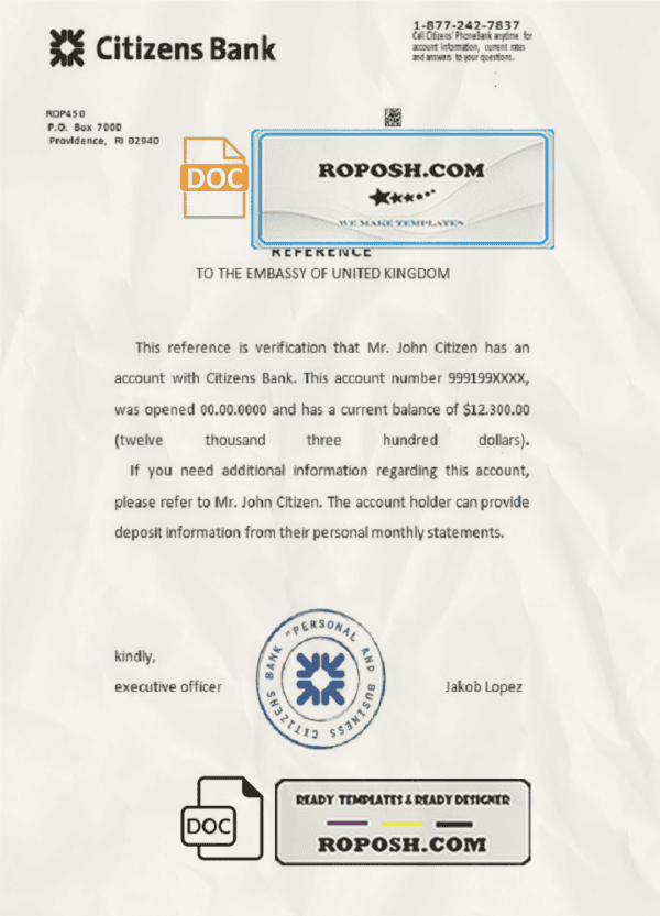 USA Citizens Bank bank account reference letter template in Word and PDF format