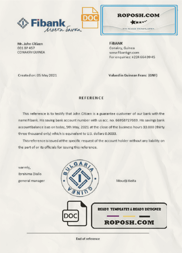 Guinea Fibank bank account reference letter template in Word and PDF format