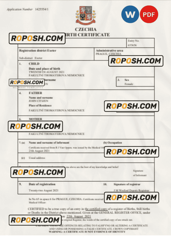 Czechia vital record birth certificate Word and PDF template, completely editable