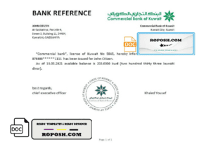 Kuwait Commercial Bank of Kuwait bank account reference letter template in Word and PDF format