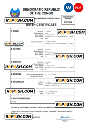 Democratic Republic of the Congo birth certificate Word and PDF template, completely editable
