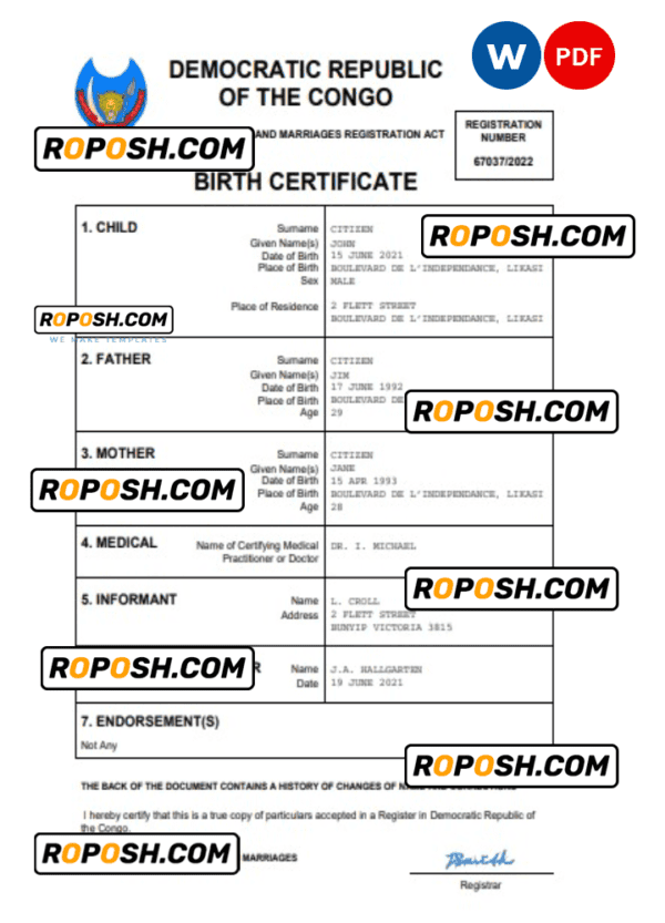 Democratic Republic of the Congo birth certificate Word and PDF template, completely editable