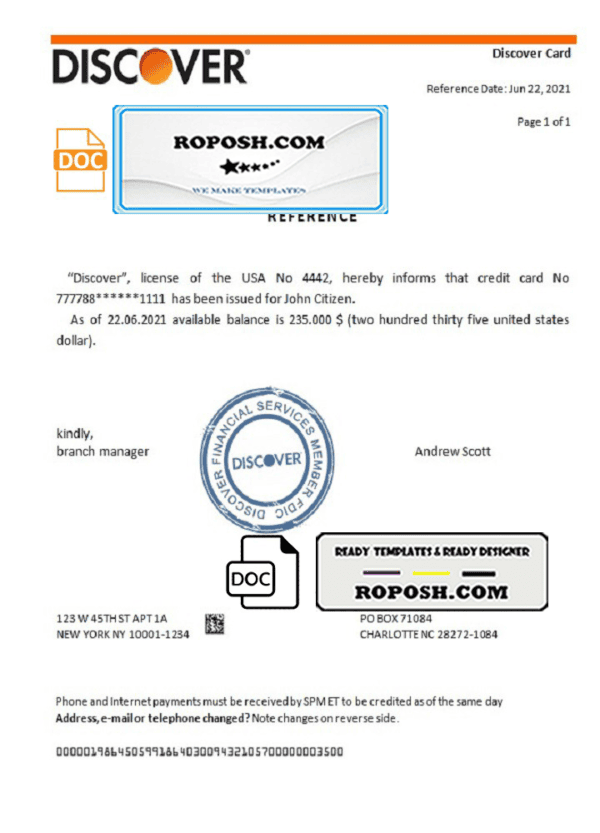 USA Discover bank account reference letter template in Word and PDF format