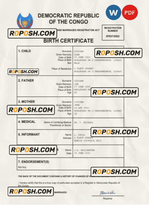 Democratic Republic of the Congo birth certificate Word and PDF template, completely editable