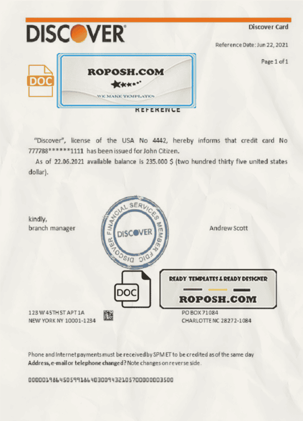 USA Discover bank account reference letter template in Word and PDF format