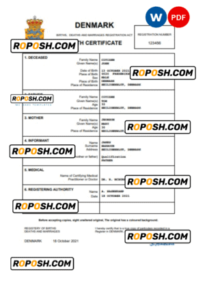 Denmark vital record birth certificate Word and PDF template, completely editable
