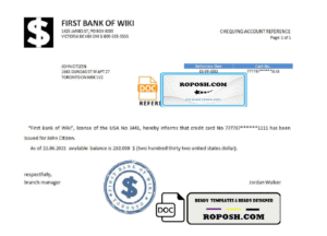 USA First Bank of Wiki bank account reference letter template in Word and PDF format