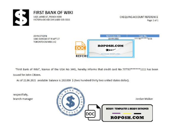 USA First Bank of Wiki bank account reference letter template in Word and PDF format