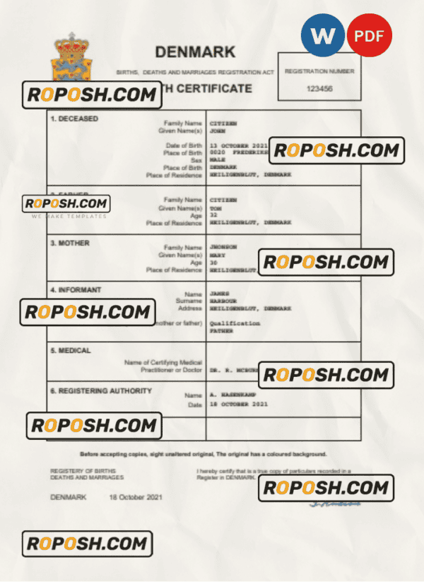 Denmark vital record birth certificate Word and PDF template, completely editable