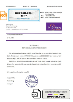 Laos Indochina Bank bank reference letter template in Word and PDF format